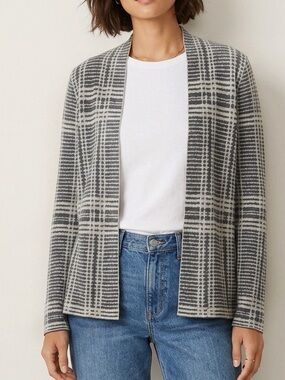 Eileen Fisher Grey Merino Wool Cardigan Size Small Abstract Plaid